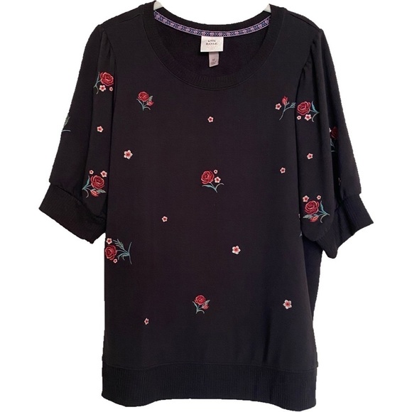 Knox Rose Embroidered Floral Roses Black Blouse Top Size Medium M - Picture 1 of 13